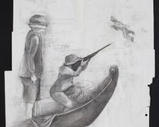 Hunters 2012 acrylic, charcoal on re-purposed paper frame: 29 1/2 x 23"/i.s. 24 x 18"