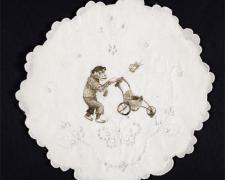 Little Ape Boy, 2010, ink on found fabric, 10" round