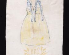 Sisters, 2010, mixed media on found fabric, 10 x 13"