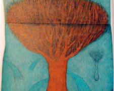 Mia's Red Tree, 2008, color pencil, graphite, collage, ink, i.s. 27 x 13"