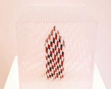 Lorena Morales, "Home in a Box", 2021, spray paint on Plexiglas, fabric from Africa, Plaskolite, 6 1/2 x 6 1/2 x 6"