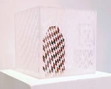 Lorena Morales, "Home in a Box", 2021, spray paint on Plexiglas, fabric from Africa, Plaskolite, 6 1/2 x 6 1/2 x 6"