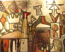 Mapmaker #11, 2010, mixed media and oil on panel, 24 x 48 x 3"