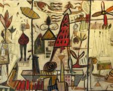 Mapmaker #12, 2010, mixed media and oil on panel, 24 x 48 x 4"