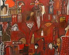 Mapmaker #13, 2008, mixed media and oil on panel, 48 x 48 x 4"