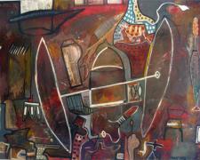 Mapmaker #2, 2009, mixed media and oil on panel, 36 x 48 x 3"