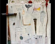 Mapmaker #4, 2010, mixed media and oil on panel, 56 x 48 x 4"