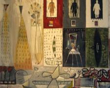 Mapmaker #6, 2010, mixed media and oil on panel, 96 x 48 x 4"