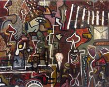 Mapmaker #7, 2010, mixed media and oil on panel, 25 x 48 x 4"