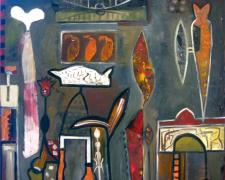 Mapmaker #9, 2010, mixed media and oil on panel, 24 x 24 x 4"