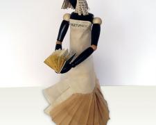 Victoria, 2014, mixed media, folded paper dress on wooden articulated mannequin, 13 1/2 x 6 1/2 x 5 1/2"