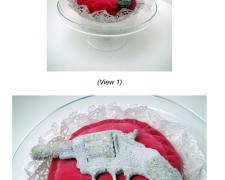 Sugar Coated, 2013, series "Preserves", gun: Forehand and Wadsworth "The American" nickel plated double action revolver, egg white, sugar, velvet cushion, doilies,13 x 14 x 13"