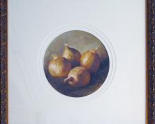 "Four Onions", 1992, acrylic on paper, i.s. 8" tondo / f.s. 19 1/2 x 19 1/2 x 2", (Secondary Market)