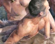 Untitled (three men on beach), 2010, watercolor, 7 3/4 x 9 1/8"