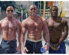 Untitled (three men on street), 2010, watercolor, 8 x 10 1/2"