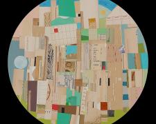 Blue Moon, 2013, paper, acrylic, graphite on wood, 23" diameter