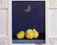 Pears with Butterfly and Emerging Moth, 2011, acrylic on panel, f.s. 22 1/2 x 19" / i.s. 14 1/2 x 11"