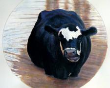 A Pied Cow Eyes An Astonished Crowd At the Water's Far Edge, 2009, acrylic on paper, i.s. 7 1/4" diameter