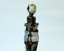 Clara Hoag, "pilot", 2019, fired clay, black, white, and brown wash, 27 1/2 x 5 3/4 x 7 1/4"