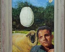 "Polyphemus Seen Auguring The Carapace of Heaven", 2016, acrylic on masonite, Kermit frame, 25 1/4 x 17"