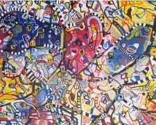 Red Pill, Blue Pill, 2017, spray paint, acrylic markers, pigment inks on canvas, 36 x 62"