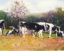 Cows Near a Redbud Tree, 2009, acrylic on paper, i.s. 6 1/8 x 5 1/8"