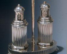 "Salt and Pepper Shakers and Caddy", 2005, sterling silver and 14K yellow gold, 8 x 5 x 2"