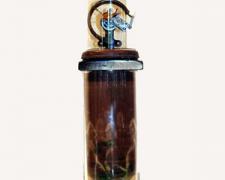 Homage to Muybridge, 2006, bell jar, finial, gauge, insect, glass jar, transparency, metal lid, brass bowl, croquet ball, carpart, leather casing, 28 x 10 x 10"