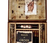 Rules of Order, 2007, box, darts, transparency, glass, book text, hydrometer, vilas, cork, oil, fish tooth, digital collage, 8 x 10 x 1"