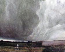 Skeleton Running Before Ominous Clouds, 2007, acrylic on panel, 7 x 6 3/4"