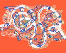 Social Path, 2017, acrylic markers, archival inks on archived florescent paper, i.s. 11 1/2 x 15 1/2 / f.s. 13 1/4 x 17 1/4"