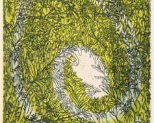 "Spiral Clearing", 2026, hard-ground and open bite etching with monotype, i.s. 6 x 4 1/2" / f.s. 9 3/4 x 7 1/2"