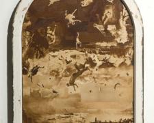 Going to Heaven, 2009, window frame and rotogravure newspaper images, 41 1/2 x 30 1/2 x 2"