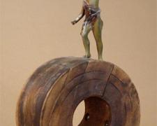 The Pilgrimage 2006 Assemblage - wood factory mold, cast metal figure, metal part 17 3/4 x 9 x 4 3/8"