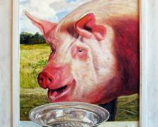 A Swine Before a Silvered Bowl of River Pearls, 2012, acrylic on panel, f.s. 30 x 24" / i.s. 23 x 18"