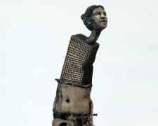 tower, 2019, fired clay, brown wash, 35 1/2 x 9 1/2 x 9"