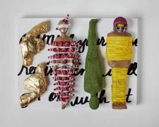 "Get on with it", 2023,  dolls, paper, adhesive, mixed media, 12 x 16 x 4"