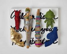 "Children will listen", 2023, dolls, paper, adhesive, mixed media, 11 x 14 x 4"