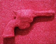 "pink gun", 2023, toy gun, adhesive, and glitter on wood panel, 8 x 10 x 4"