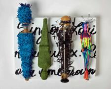 "Sing Out Louise!", 2023,  dolls, paper, adhesive, mixed media, 12 x 16 x 5.5"