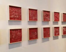 Untitled (Veinte poemas de amor), 2018, sandpaper sheets, wood frames, 95 x 19"/ 9 1/2 x 9 1/2" each frame