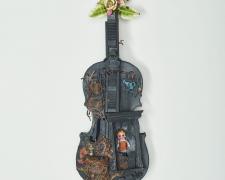 "Rose the Garden Club President", 2018, violin and mixed media (torched), 28 x 9 x 3 1/2"