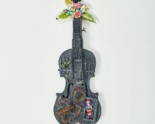 "Ivy the Garden Club Secretary", 2018, violin and mixed media (torched), 20 x 5 1/2 x 2 1/2"