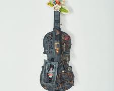 "Daisy the Garden Club V.P.", 2018, violin and mixed media (torched), 24 1/2 x 8 1/2 x 3 1/2"