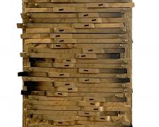 "Opus 2", 2025, assemblage: discarded piano and pump organ pieces, 41 x 13 x 3 1/2"