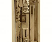 "Opus 8", 2025, assemblage: discarded piano and pump organ pieces, 43 x 8 x 2 1/2"