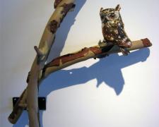 Screech Owl in Madrona, 2009, blown, off-handed sculpted glass, 22 x 20 x 7"