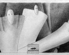 Three Conversations, 2008, graphite on gessoed panel, 6 x 12"