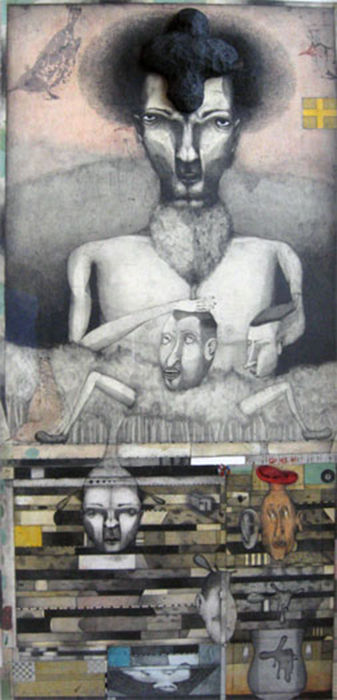 Behind the Trees, 2007, graphite, colored pencil, papier-mâché, p.s. 37 x 17 1/2"