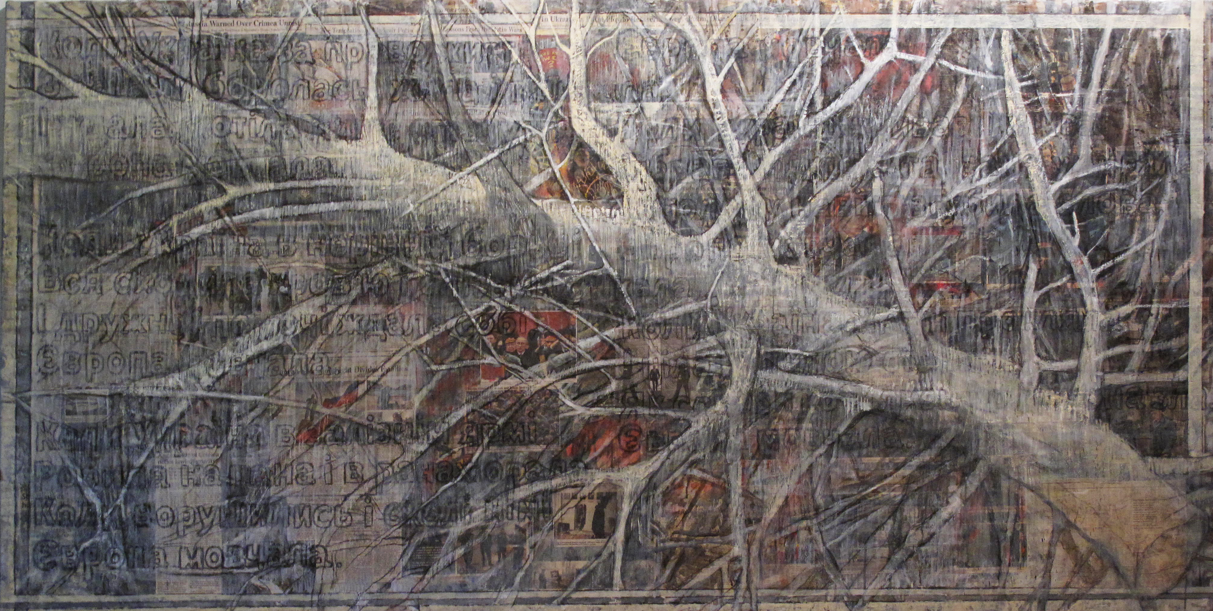 And Europe Was Silent, 2015, oil, chalks, wax, over collaged print matter/unstretched canvas, 48 x 96"